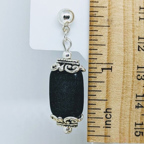 Artisan Black Stone Silver Filigree Dangle Earrings - Picture 2 of 2